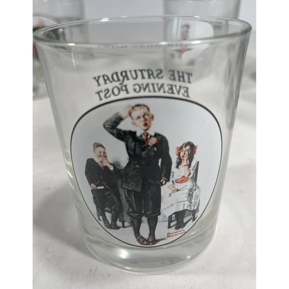 Lot of 7 Norman Rockwell The Saturday Evening Post Whiskey Bar Glasses Vintage